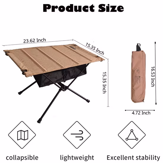 Tavolo da campeggio portatile pieghevole dal design pratico e pieghevole in alluminio ultraleggero color sabbia